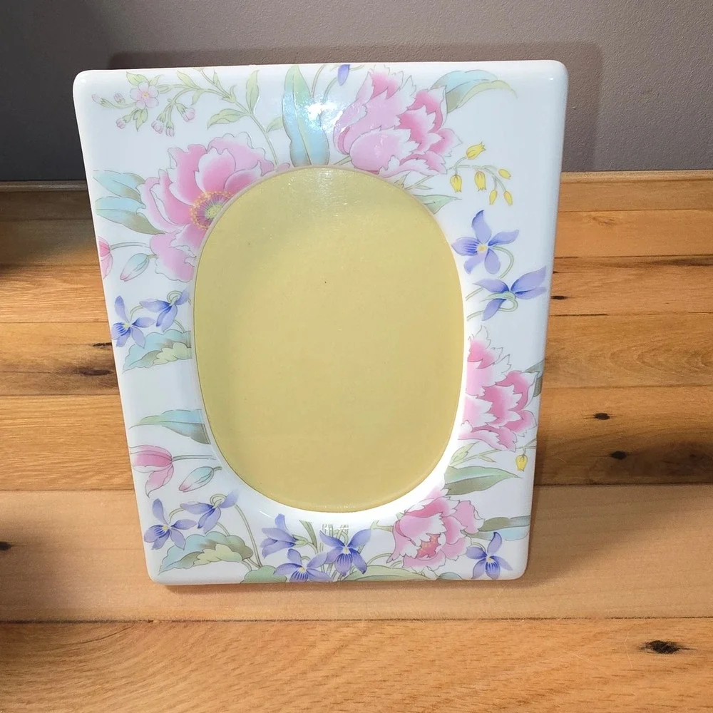 Vintage Ceramic Floral Oval Picture Frame Japan Pink Peony Purple Violet MCM